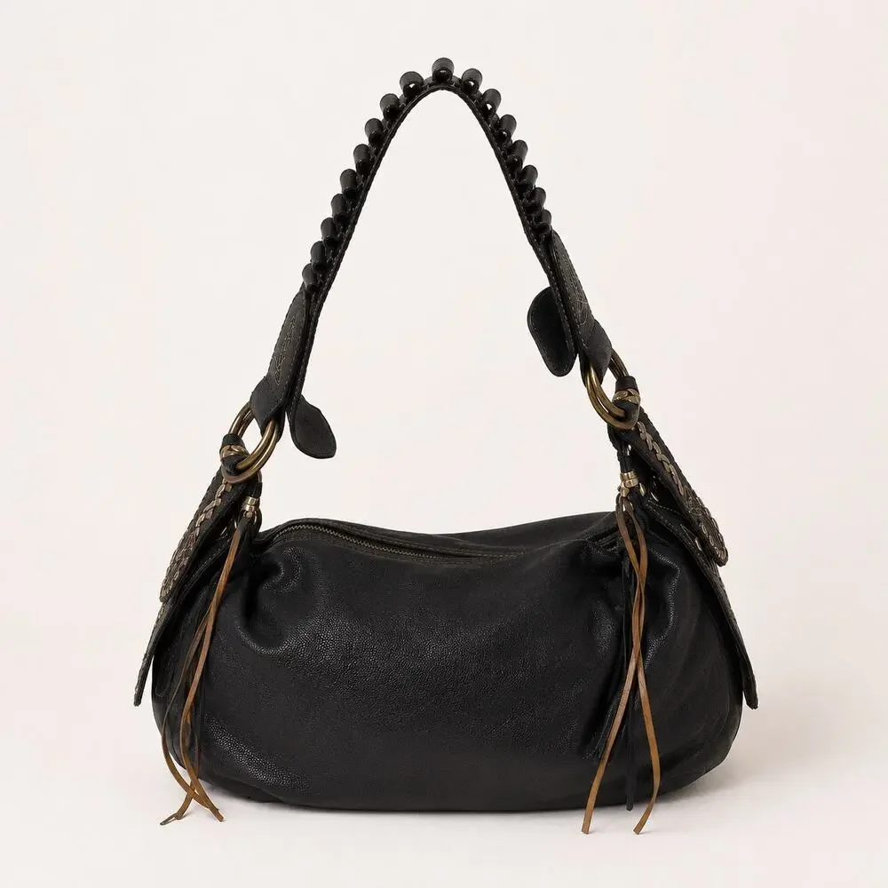 Coco Blanco Genuine Leather Boho Studded Tassel Hobo Shoulder Bag